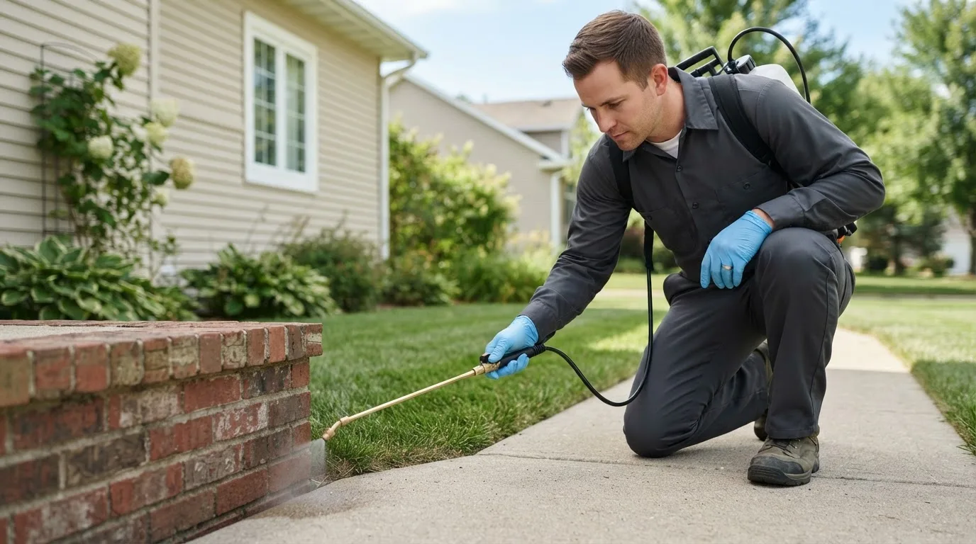 Pest control technician treating a home near San Marcos, TX