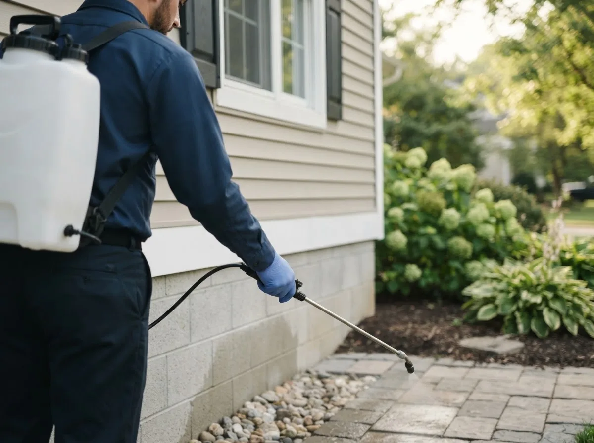 Pest control technician inspecting a home in San Marcos, TX